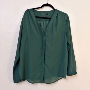 Urban Coco V Neckline Blouse Long Sleeve Pleated Relaxed Fit Green Large